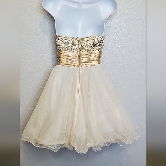 Champagne Gold Satin Sequin Tulle Strapless Mini Cocktail Party Dress Size 6/7 - Picture 7 of 9
